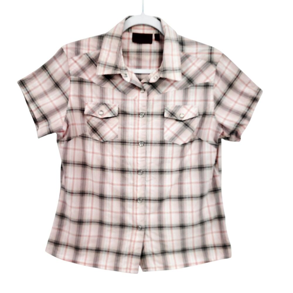 Outback Trading Company Saddle Up Shirt Pink and Gray Plaid Pattern Women's MD